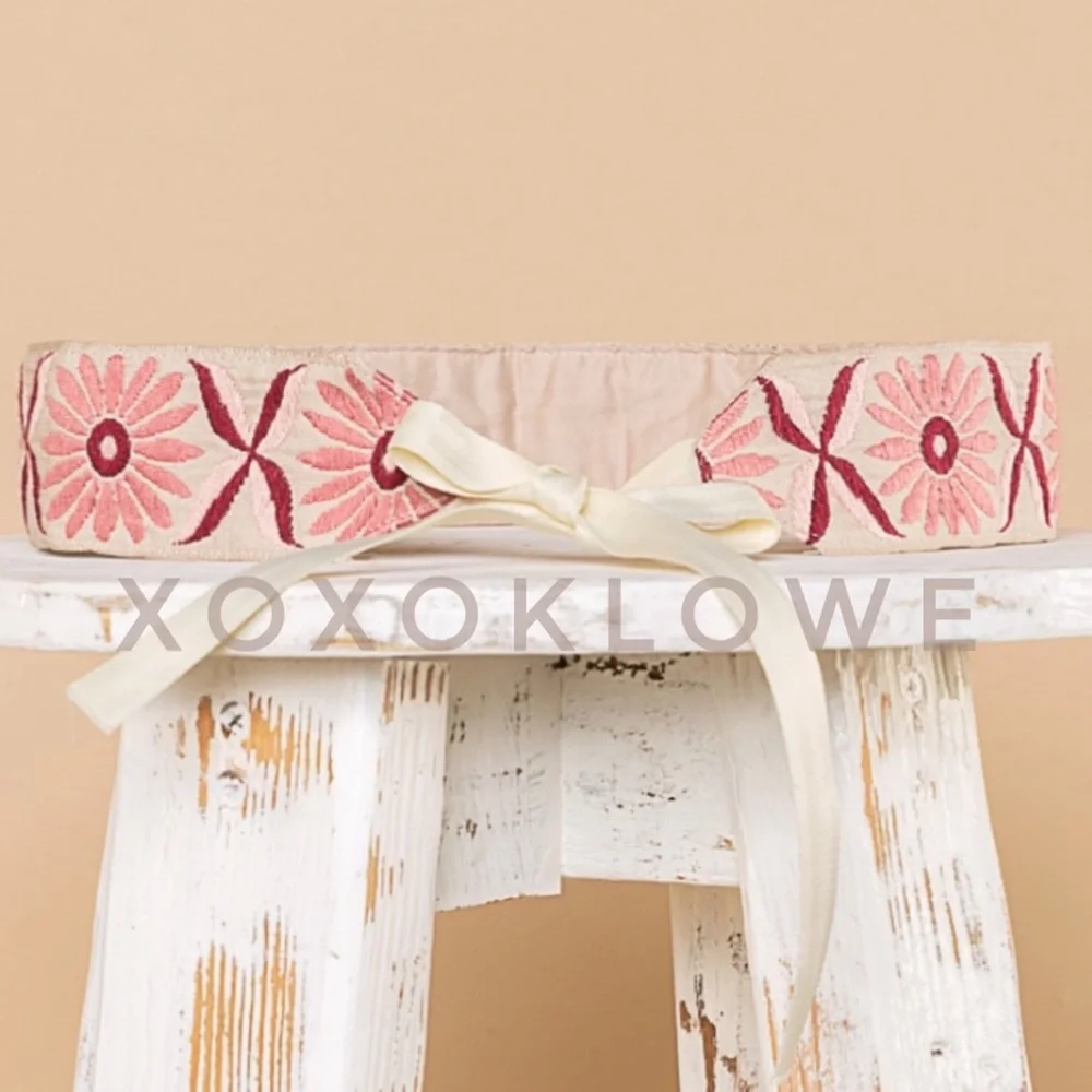 Boho Floral Embroidered Ribbon Tie Belt